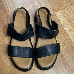 Dune London Black Leather Double-Strap Slingback Sandals with Tan Footbed